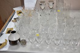 AN ASSORTMENT OF MAINLY CRYSTAL DRINKING VESSELS WITH AN OLD PENNY COLLECTION DISPLAY (1860-1960),