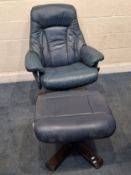 A BLUE LEATHER SWIVEL RECLINING ARMCHAIR, width 84cm x depth 86cm x height 102cm, along with a