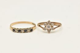 TWO 9CT YELLOW GOLD DIAMOND, SAPPHIRE AND CUBIC ZIRCONIA RINGS, to include a diamond and sapphire