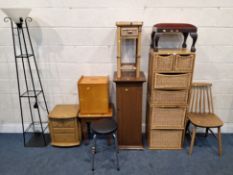 A LARGE QUANTITY OF OCCASIONAL FURNITURE, to include two cabinets with wicker drawers, width 46cm