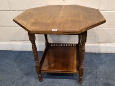 AN EARLY 20TH CENTURY MAHOGANY OCTAGONAL CENTRE TABLE, raised on block and turned legs, united by an