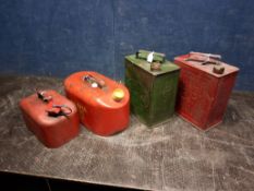 FOUR VINTAGE FUEL CANS, including one Esso, one BP (both with brass caps) and two others (4)