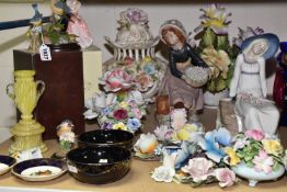 A SMALL GROUP OF DECORATIVE CERAMICS, to include figurines, floral sculptures, giftware, including a