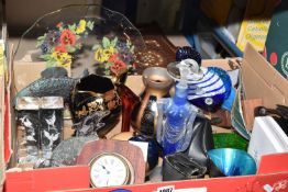ONE BOX OF MISCELLANEOUS GLASS AND CERAMICS, to include paperweights, figural scent bottle, Azeti