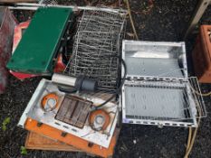 A BOX CONTAINING BARBECUE EQUIPMENT, including two portable barbecues, wire racks, etc