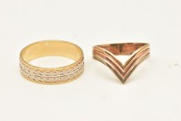 TWO RINGS, a 9ct bi-colour band ring, hallmarked 9ct Sheffield, ring size M 1/2 leading edge,