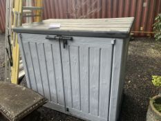 A KETER PLASTIC STORAGE CONTAINER, with hinged lid and two doors, width 143cm depth 81cm, height