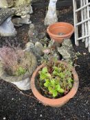 A COLLECTION OF GARDEN ORNAMENTS AND THREE PLANT POTS, including rabbits, elephants, hedgehogs,