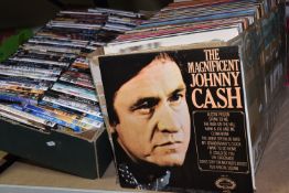 THREE BOXES OF DVDS AND VINYL RECORDS to include two boxes of DVDs with titles such as American