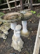 A CONCRETE SUNDIAL WITH A BRASS DIAL ATOP, 70cm high, and a concrete birdbath 76cm high, Condition