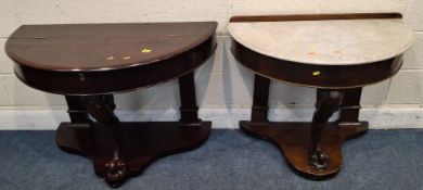 A VICTORIAN MAHOGANY MARBLE TOP DEMI-LUNE SIDE WASH STAND, width 91cm x depth 48cm x height 73cm,