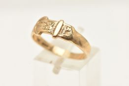 A 9CT GOLD BUCKLE RING, the plain polished design buckle ring, with engraved detail, hallmarked