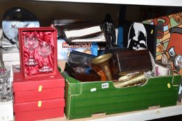 TWO BOXES AND LOOSE MISCELLANEOUS ITEMS, to include brass vases, vintage technical drawing sets in a