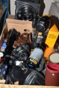 ONE BOX OF PHOTOGRAPHY EQUIPMENT, to include vintage camera's, a Nikon FG, fitted with a Nikon