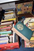 FIVE BOXES OF MAINLY HARDBACK BOOKS covering subjects such as religion, sports, art, wine,