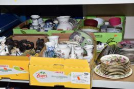 FOUR BOXES AND LOOSE CERAMICS AND ORNAMENTS ETC, to include twelve W.S. George collectors plates