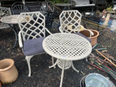 A CAST ALUMINIUM GARDEN TABLE AND A PAIR OF CHAIRS, table has pierced fretwork, 66cm diameter top,