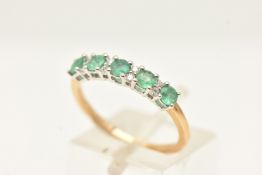 A 9CT GOLD GEM SET RING, five circular cut emeralds and eight round brilliant cut diamonds, prong