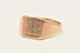 A GENTS 9CT GOLD SIGNET RING, of a square form with engraved initials, engraved '1938' beneath the