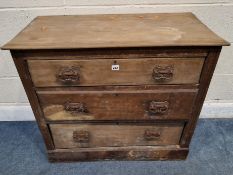 AN EARLY 20TH CENTURY CHEST OF THREE DRAWERS, width 92cm x depth 45cm x height 82cm, condition