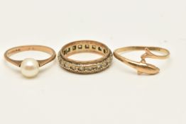 THREE RINGS, the first a 9ct yellow gold single cultured pearl, hallmarked 9ct London, ring size K