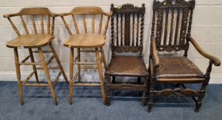 A PAIR OF BEECH HIGH STOOLS, with curved backrests, raised on turned legs, united by stretchers,