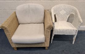 A WICKER TUB CHAIR, with beige upholstered cushions, width 88cm x depth 86cm x height 73cm, along