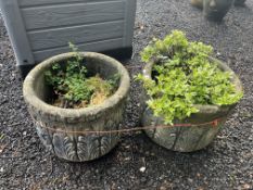 A PAIR OF CONCRETE GARDEN PLANTERS, with acanthus leaf detail to bowls, 42cm in diameter,