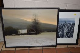 A CONTINENTAL WINTER LANDSCAPE, footsteps in the snow lead to a timber building, indistinctly signed