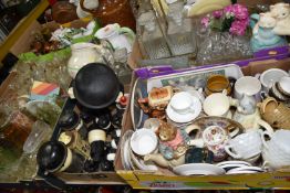 FIVE BOXES AND LOOSE CERAMICS AND GLASS MISCELLANEOUS, to include, novelty tea pots, tea ware,