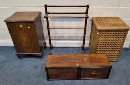 AN EARLY 20TH CENTURY WALNUT SINGLE DOOR CUPBOARD, width 47cm x depth 44cm x height 79cm, a towel