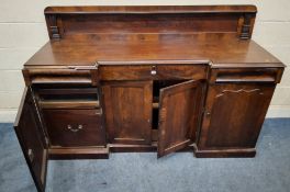 A 19TH CENTURY MAHOGANY REVERSE BREAKFRONT SIDEBOARD, with a raised back, fitted with three