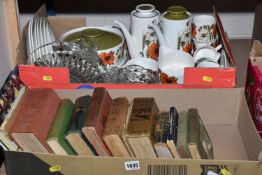 TWO BOXES OF CERAMIC, GLASS AND BOOKS, to include J&G Meakin 'Poppy' part dinner set, glass bowls