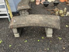 A CURVED CONCRETE GARDEN BENCH, with scrolled bases, 115cm wide, Condition Report: no obvious