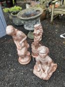 THREE CONCRETE GARDEN FIGURES, a kneeling girl 45cm high, a water girl leaning against a tree