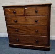 A 19TH CENTURY MAHOGANY CHEST OF TWO SHORT OVER THREE LONG GRADUATED DRAWERS, raised on bun feet,