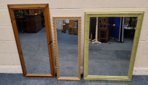 A MODERN RECTANGULAR BEVELLED EDGE WALL MIRROR, 106cm x 74cm, a pine mirror and a gilt wood wall