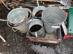SEVEN GALVANISED METAL ITEMS, including four buckets, two watering cans and a tray (7)