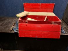 TWO VINTAGE WOODEN TOOLBOXES, containing tools including a Woden corner clamp, two Stilson wrenches,