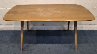 LUCIAN ERCOLANI, AN ERCOL MID-CENTURY ELM AND BEECH RECTANGULAR DINING TABLE, raised on square