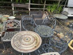 TWO CAST ALUMINIUM GARDEN TABLES AND FIVE CHAIRS, including two pairs of chairs, tables have 60cm