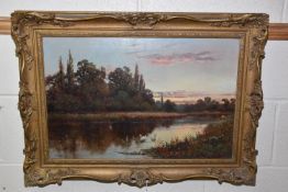 DANIEL SHERRIN (1868-1940) SUNSET OVER THE RIVER, a river landscape with a pair of swans on the