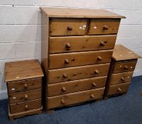 A MODERN PINE CHEST OF TWO SHORT OVER FIVE LONG DRAWERS, along with two three drawer bedside