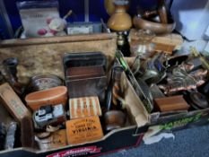 THREE BOXES AND LOOSE OF TREEN AND HOUSEHOLD ITEMS comprising a box containing a pair of barley