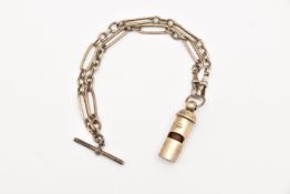 A SILVER ALBERT CHAIN WITH WHISTLE, fetter chain fitted with a T-bar and two lobster clasps, part