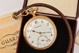 A GOLD FILLED 'GARRARD' OPEN FACE POCKET WATCH, manual wind, round white Arabic numeral dial