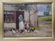 ALBERT BANNER (FLOURISHED 1880-CIRCA 1919) FEEDING CHICKENS, a mother and daughter are feeding