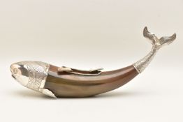 A DECORATIVE FISH ASHTRAY, a white metal mounted horn depicting a fish, fitted with a central dish