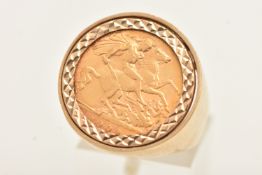 A MOUNTED HALF GOLD SOVEREIGN COIN RING, Edward VII half gold sovereign coin dated 1909, claw set