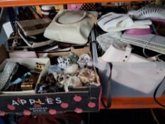 THREE BOXES OF WOMENS ACCESSORIES AND HANDBAGS to include 2 boxes of handbags and clutch bags with